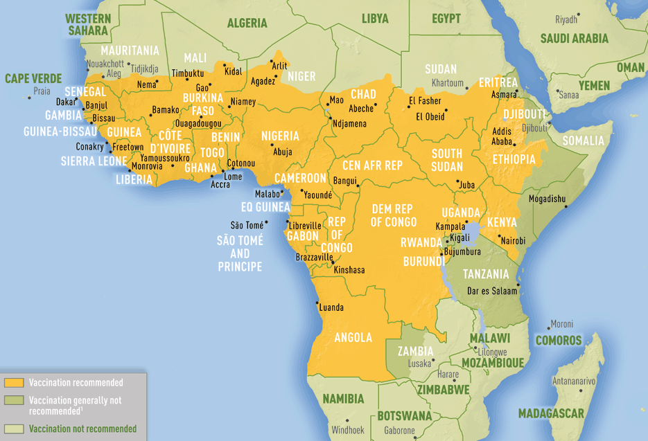 Map of yellow fever vaccincation reccomendation in Africa