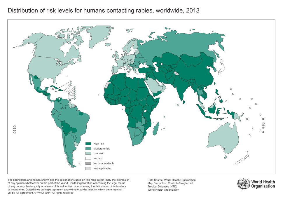 Distribution of risk levels for humans contracting rabies worldwide 2013