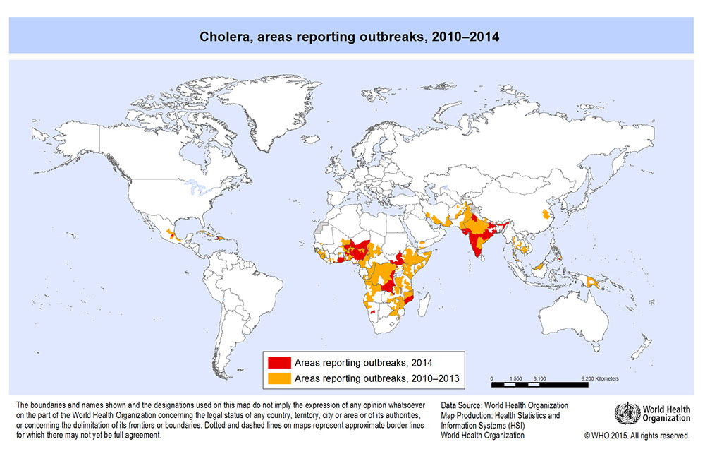 Areas reporting cholera outbreaks 2010-2014